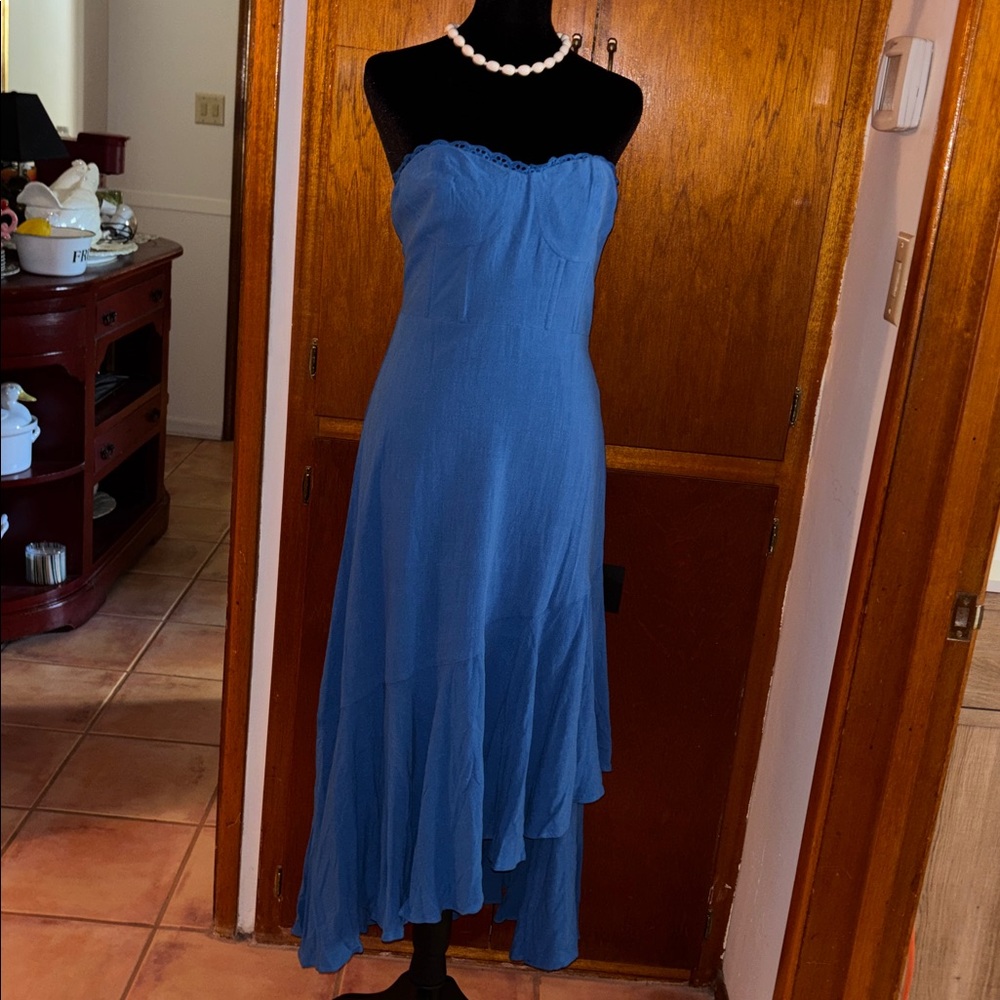 Lulu's Strapless Royal Blue Ruffle Midi Dress - Picture 5 of 9